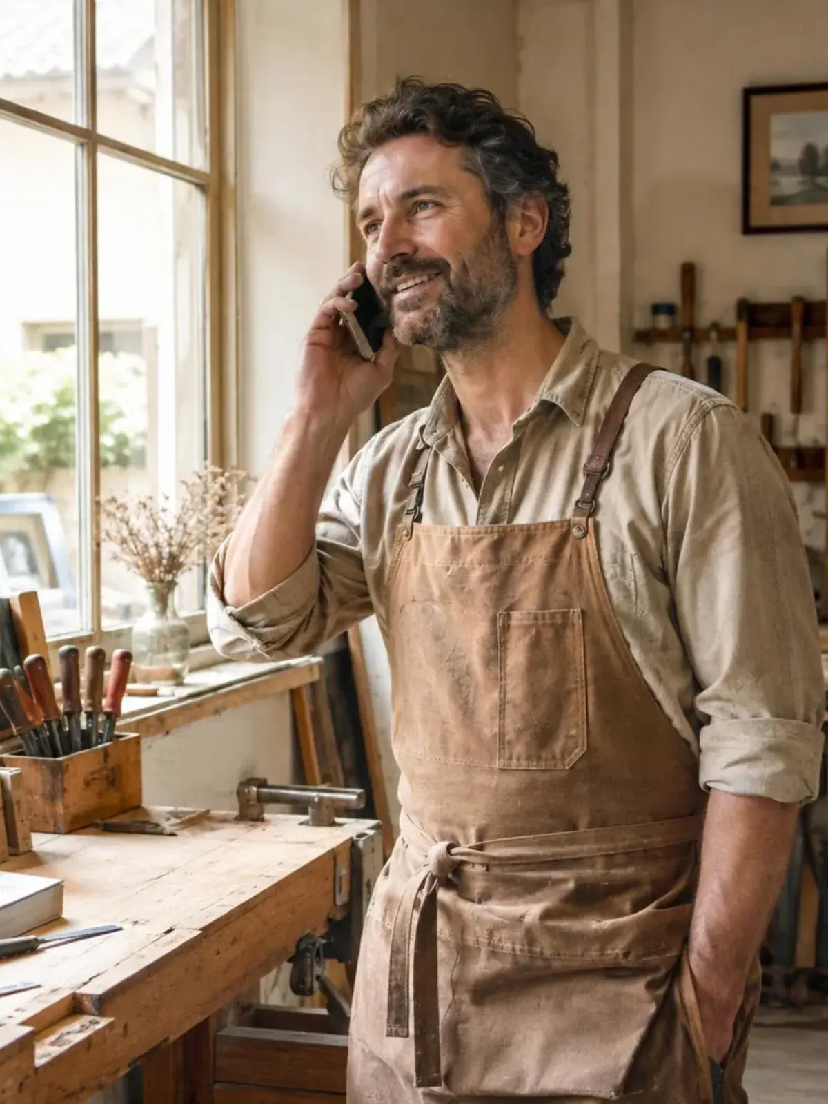 Artisan de Châssis Auderghem répondant au téléphone à côté d'une fenêtre en réparation
