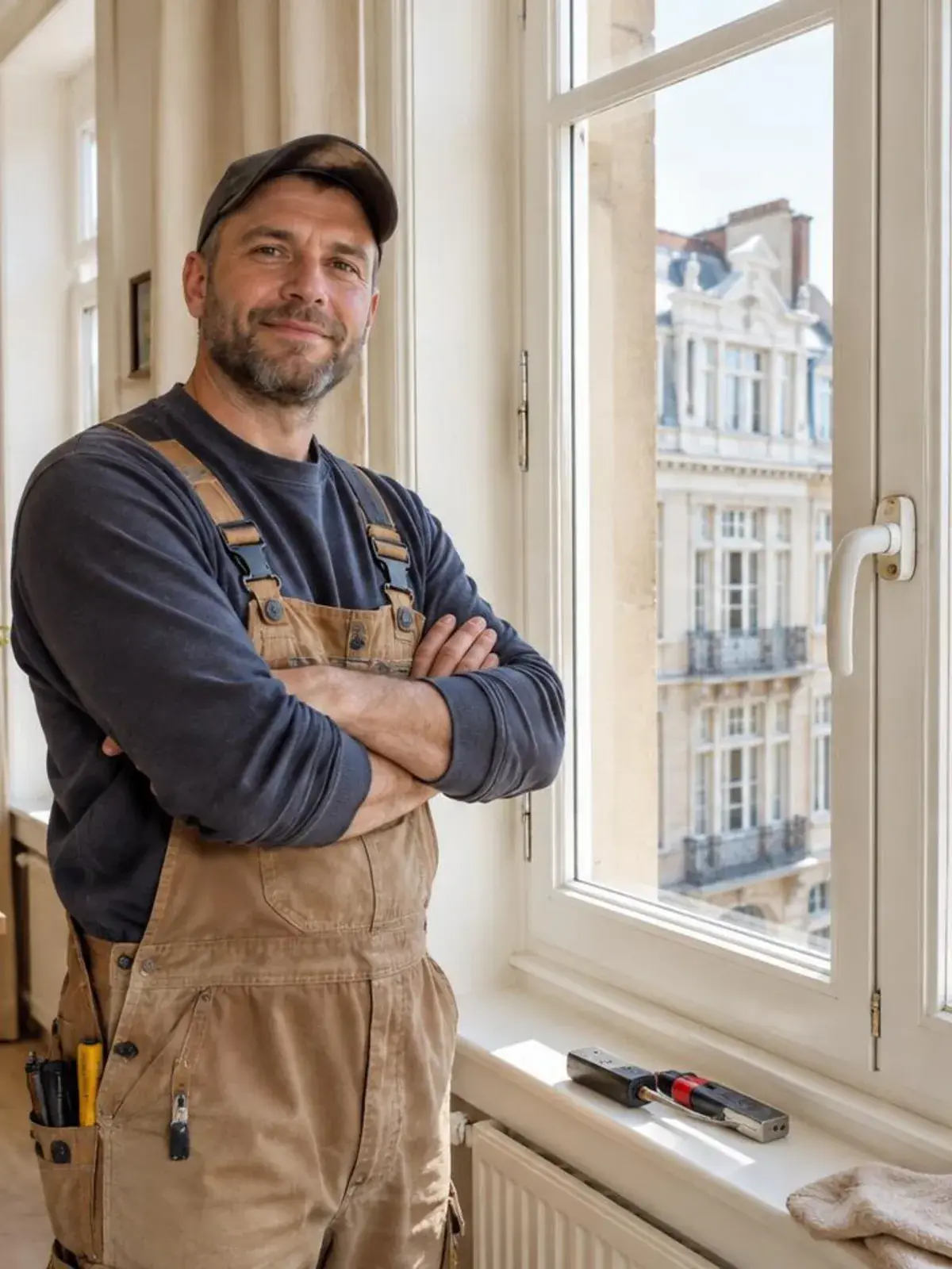 Artisan dépannant une fenêtre à Auderghem avec sa caisse à outils dans une pièce lumineuse