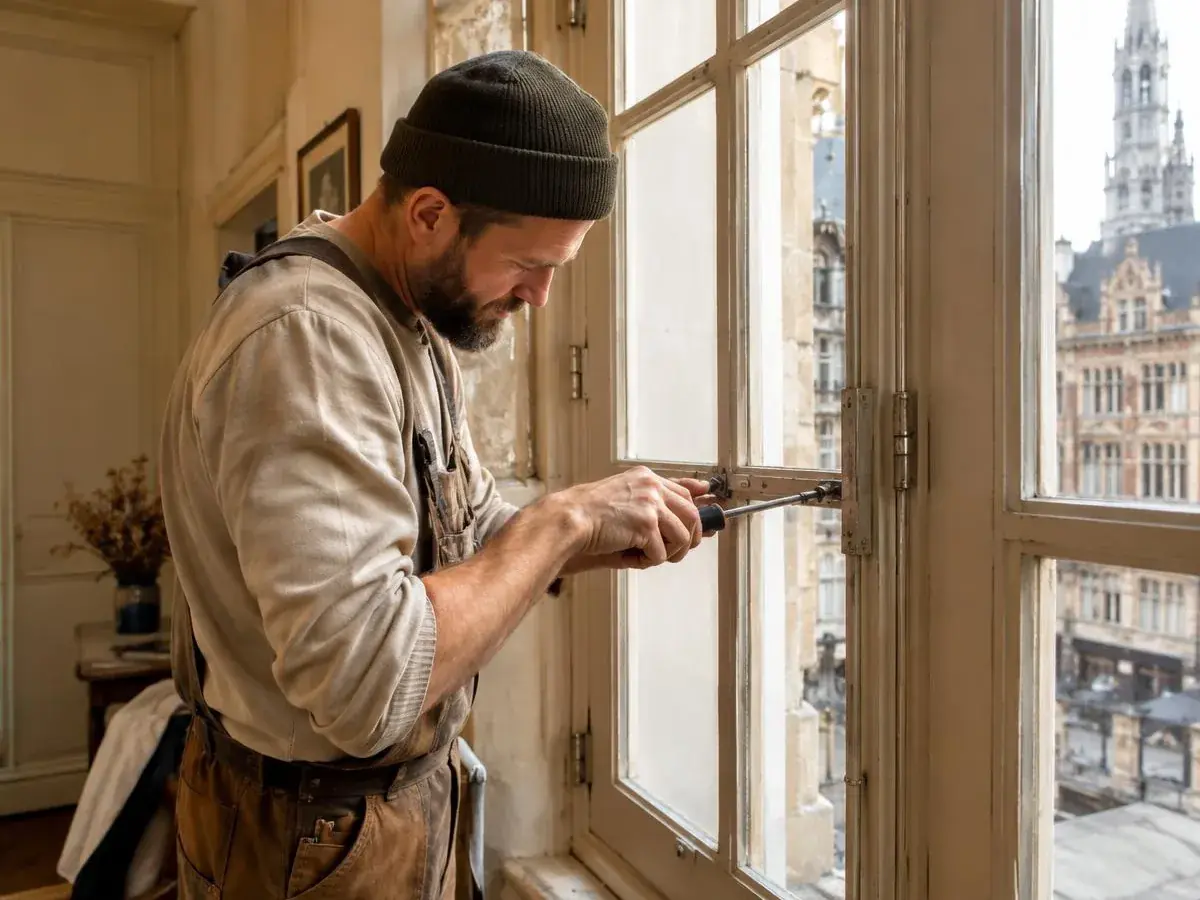 Artisan réajustant les gonds et la quincaillerie d'une fenêtre bloquée dans une maison bruxelloise