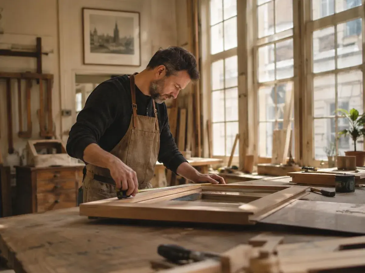 Artisan réparant la quincaillerie et la poignée d'une fenêtre dans une maison bruxelloise