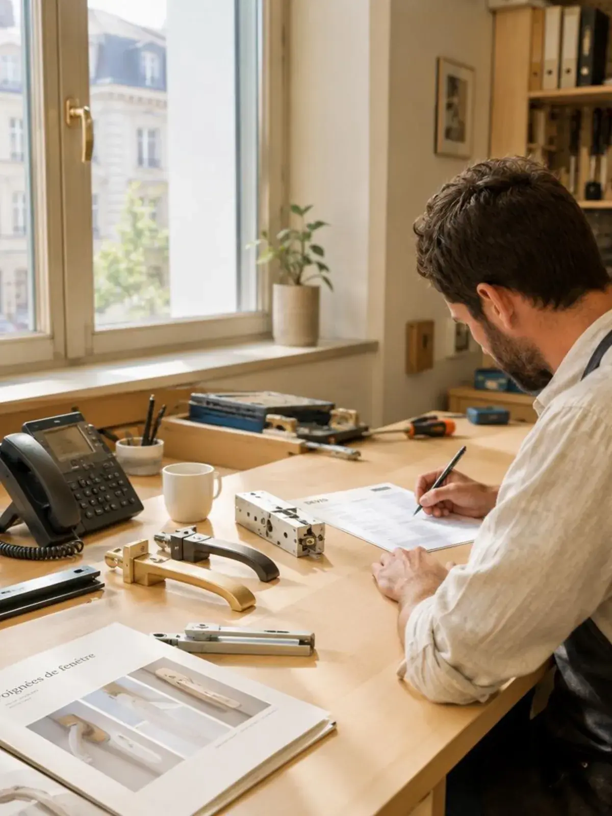 Espace de travail de Châssis Auderghem avec téléphone, devis et quincaillerie de fenêtre près d'une fenêtre