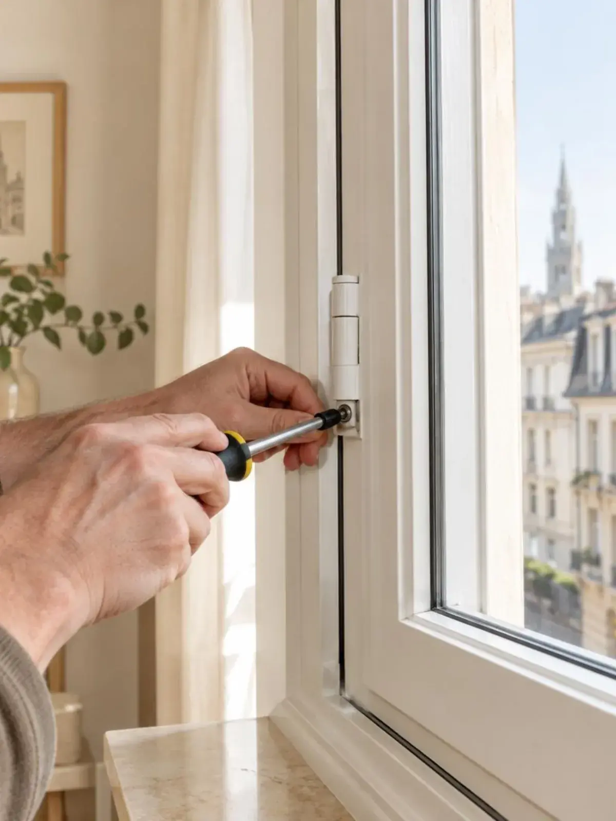 Mains de technicien débloquant avec précaution un ouvrant de fenêtre coincé à Bruxelles