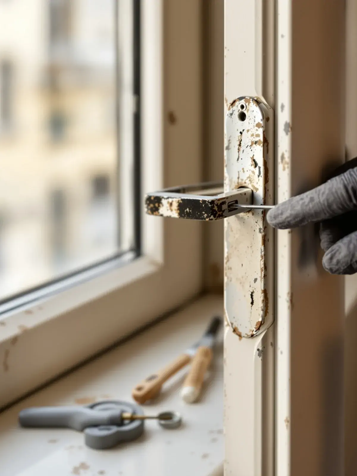 Poignée et crémone de fenêtre usées en cours d'inspection par un technicien à Bruxelles