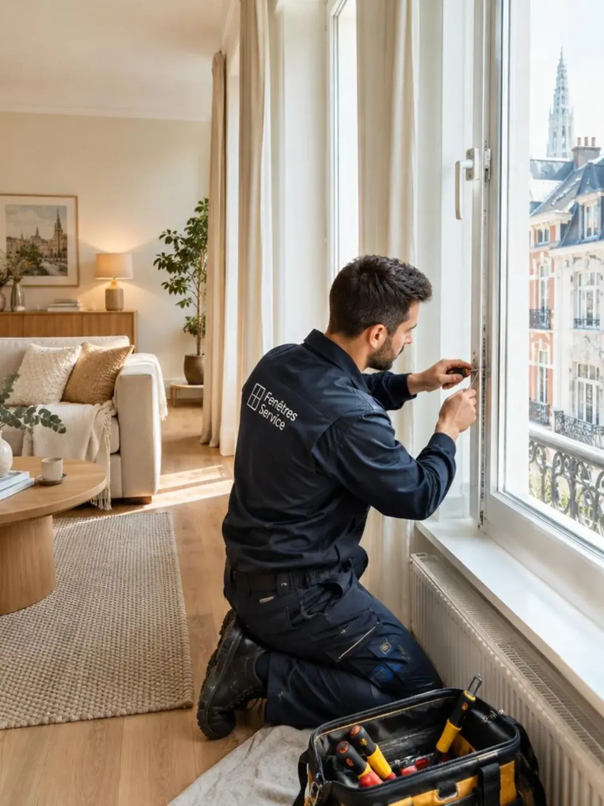 Technicien débloquant délicatement un ouvrant de fenêtre coincé dans un appartement bruxellois